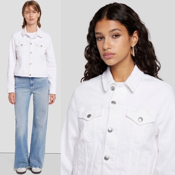 7 FOR ALL MANKIND 90s Luxe Ivory Stretch Denim Cropped Jean Trucker Jacket L - Picture 4 of 15